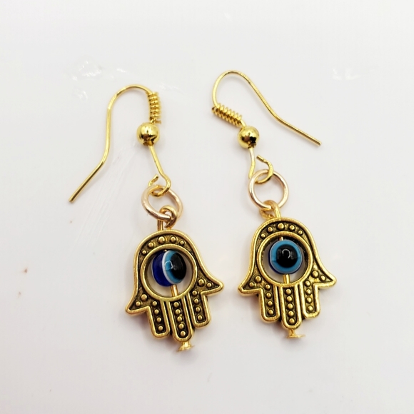 Mini Hamsa Hand Earrings Fatima Hand Pendant Yoga Spirit Buddha Evil Eye - Picture 5 of 8